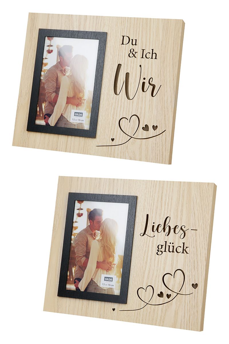 LED photo frames "Luck in Love" and "You &amp; I - We" natural colors with carved sayings and LED lighting - ideal as a gift for lovers and couples
