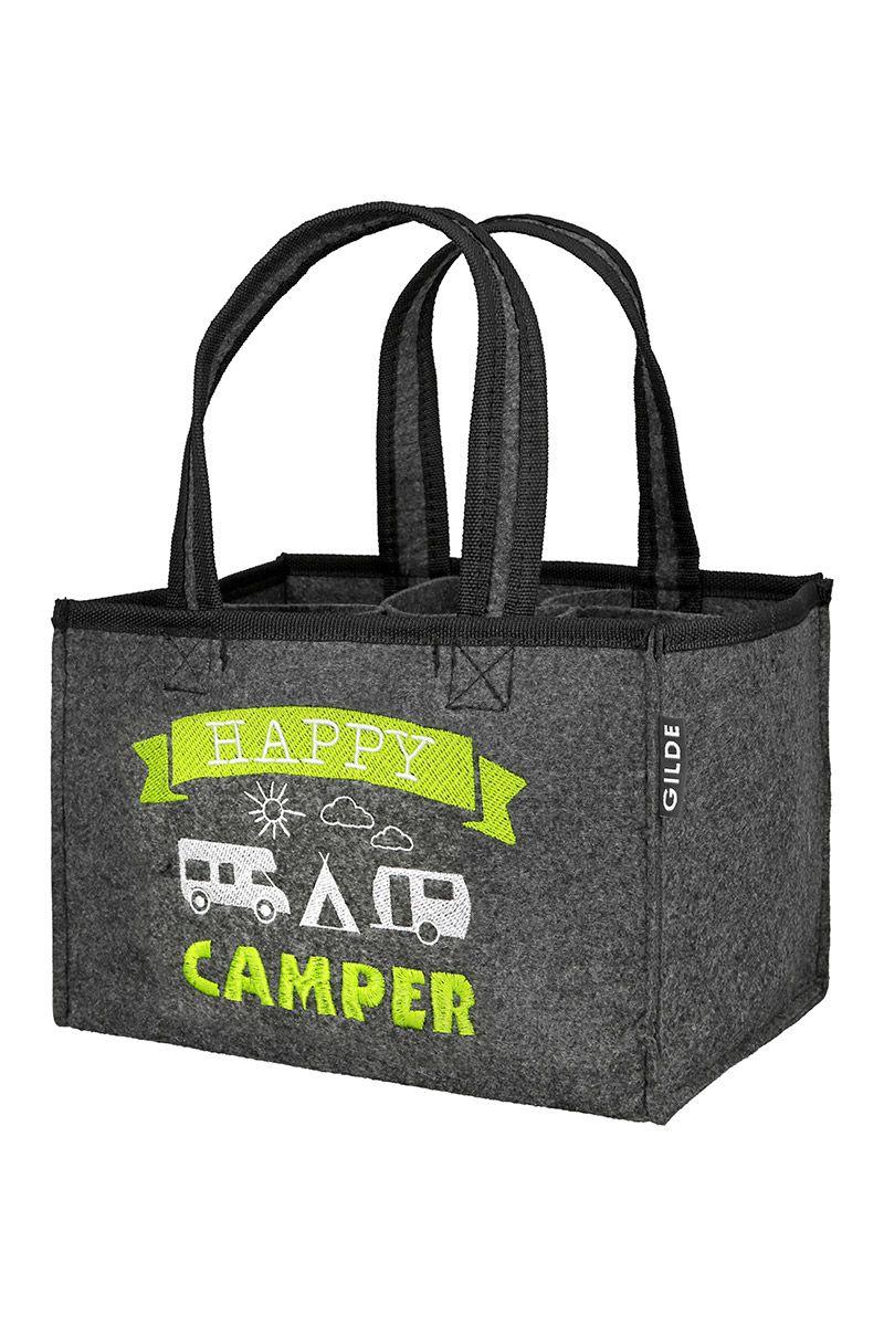 Vilten flessentas Happy Camper zwart met geborduurd motief