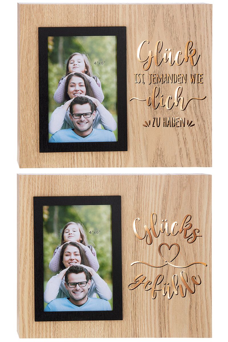 Set of 2 LED photo frames Emozione in natural colors with illuminated lettering "Happiness is having someone like you." and “feelings of happiness”