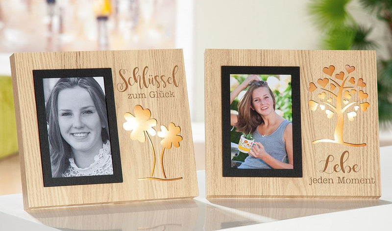 Set of 2 LED photo frames Fortuna - natural moments of happiness in a double pack with illuminated lettering