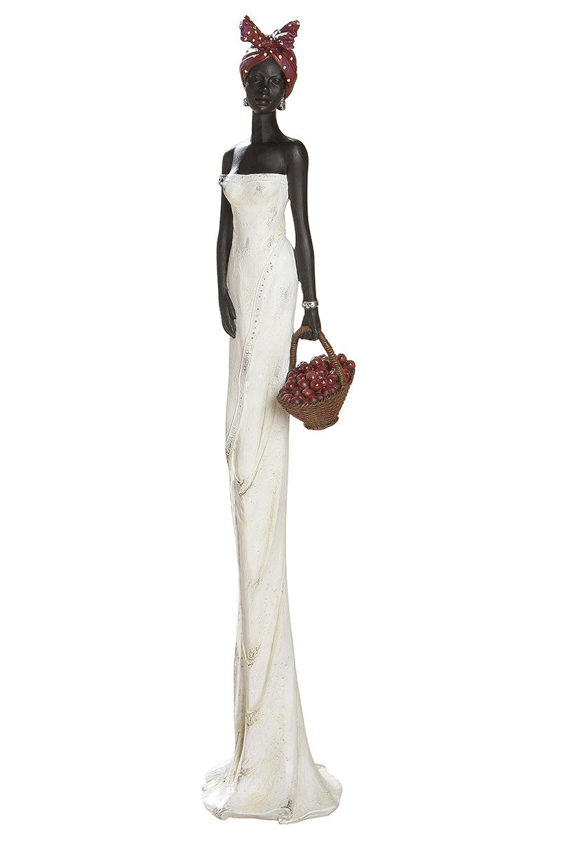 XXL polyfiguur Afrikaanse vrouw Tortuga staand wit/creme/donkerbruin met fruitmand hoogte 82cm
