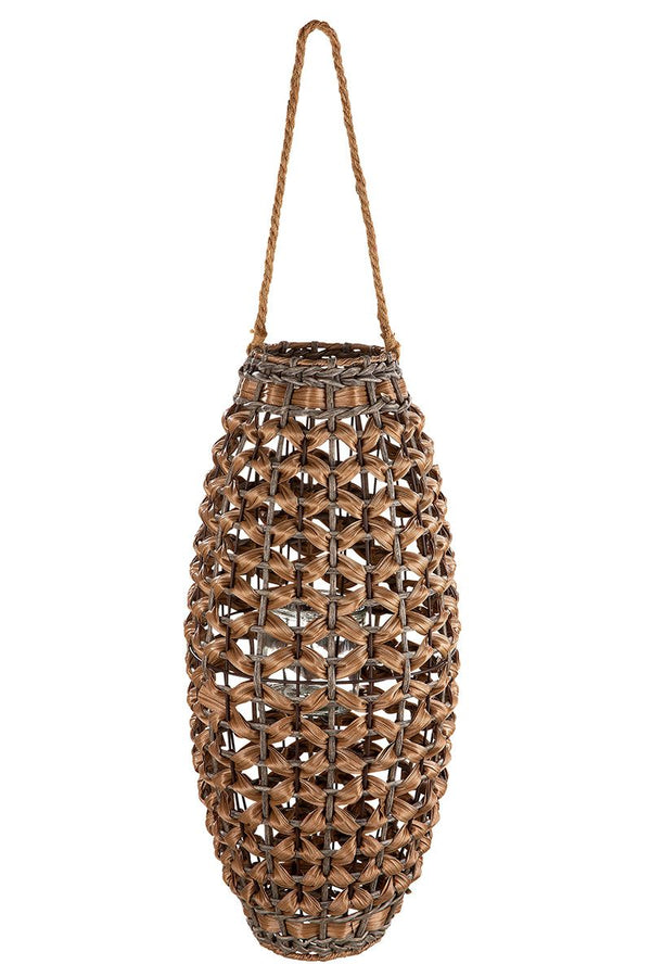 Deco lantern Bonaire with glass insert natural color braided with cord H 57cm