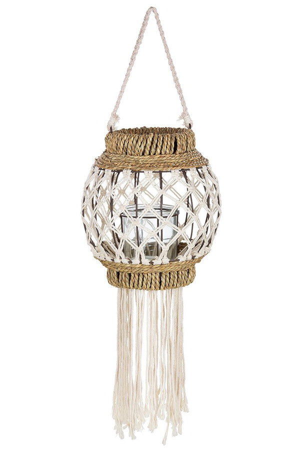 Decoratieve lantaarn "Bossa" met macramé gaas en glazen inzet