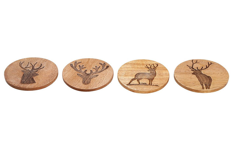 Rustieke houten onderzetters in hertendesign van mangohout, set van 8 met 4 verschillende hertenmotieven