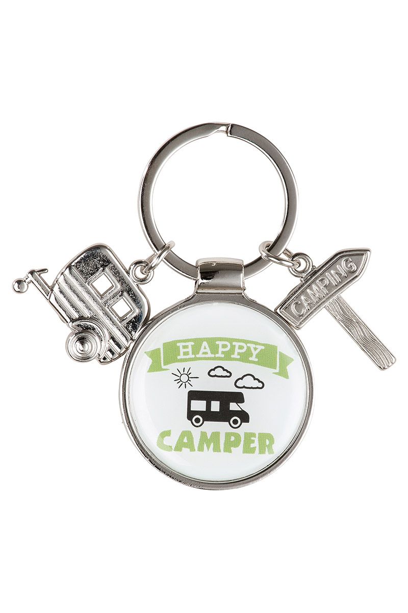 Metalen sleutelhanger Happy Camper zilver/wit/groen met epoxyhars