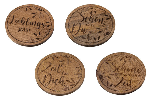 8 pieces Wooden round coasters "Time" - set of 4 models with inspiring messages made of natural-colored mango wood for a cozy home