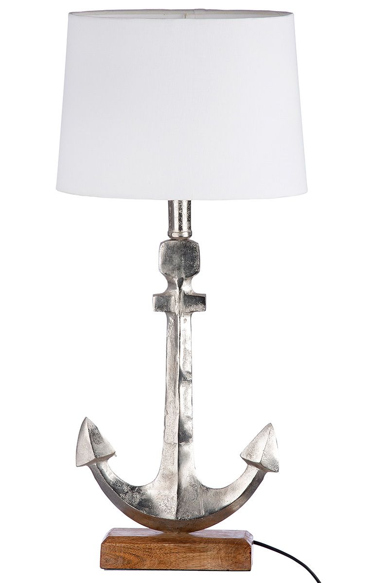 Moderne tafellamp "Anker" Zilverkleurig design met naturelkleurige mangohouten voet en witte kap