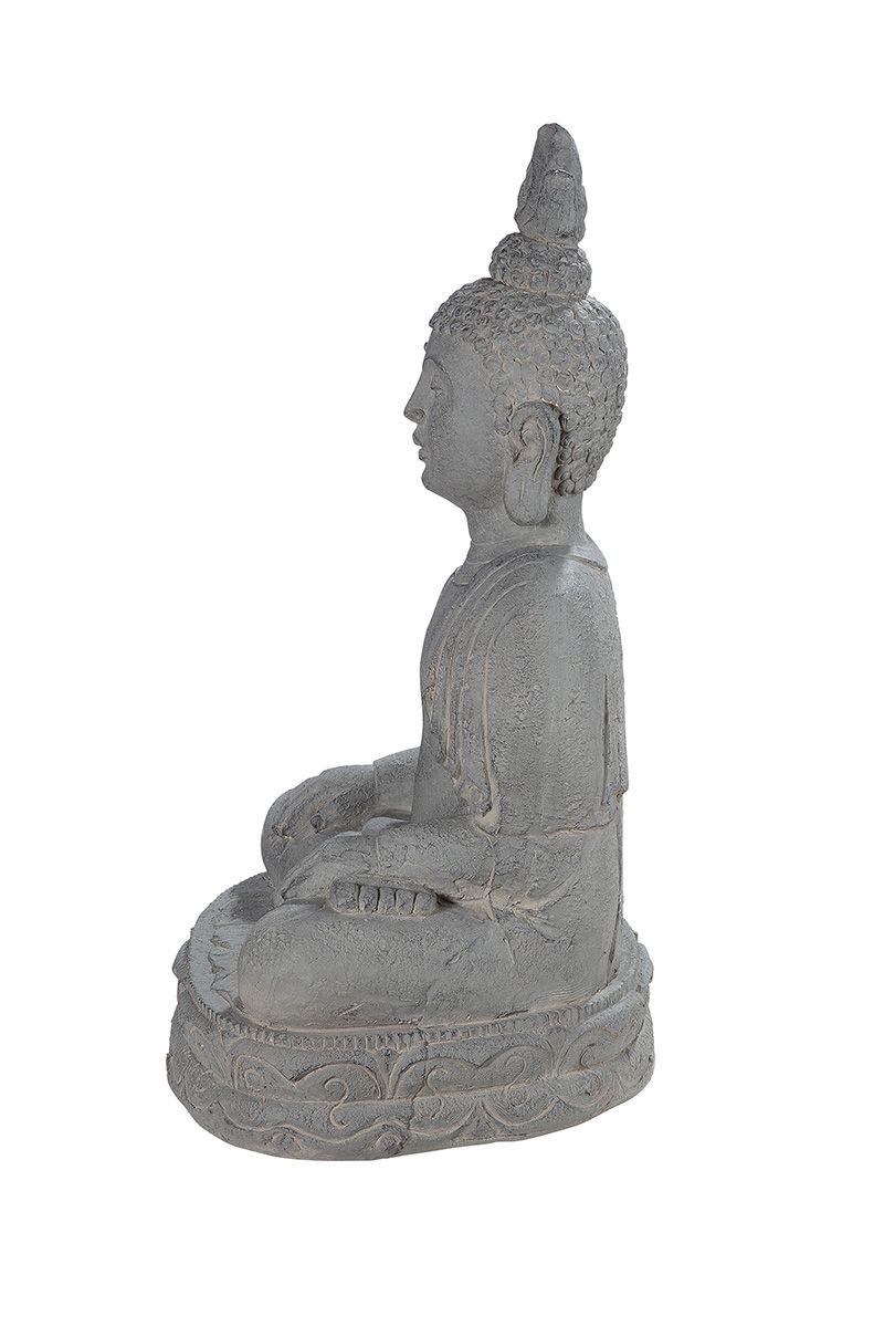 Graue Fiberglas Buddha Figur "Relax" für Garten und Terrasse