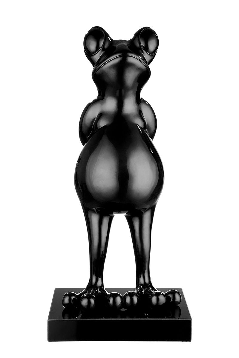 Poly sculptuur kikker 'Frog' in zwart metallic op een zwart marmeren voet
