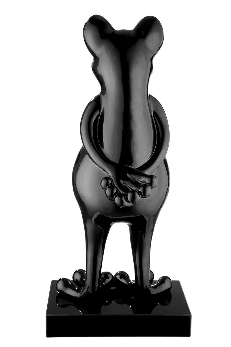Poly sculptuur kikker 'Frog' in zwart metallic op een zwart marmeren voet