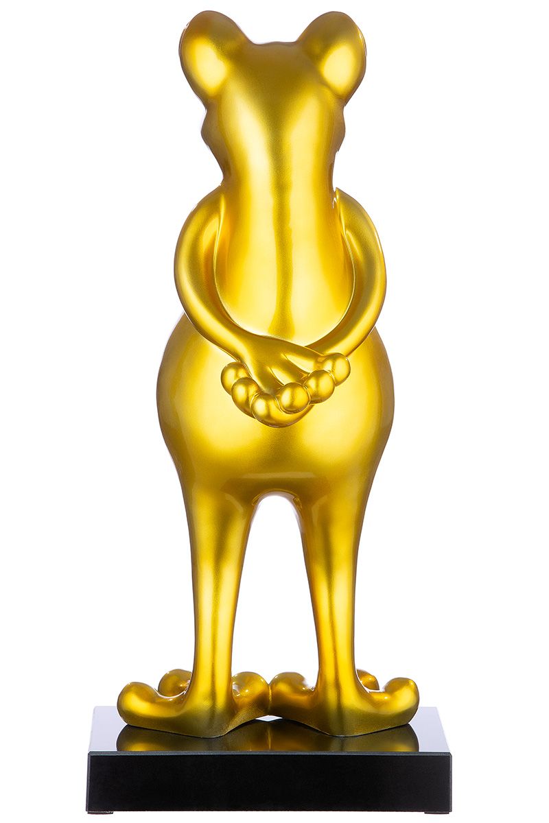 Poly Skulptur Frosch 'Frog' in goldfarbenem Metallic auf schwarzem Marmorsockel