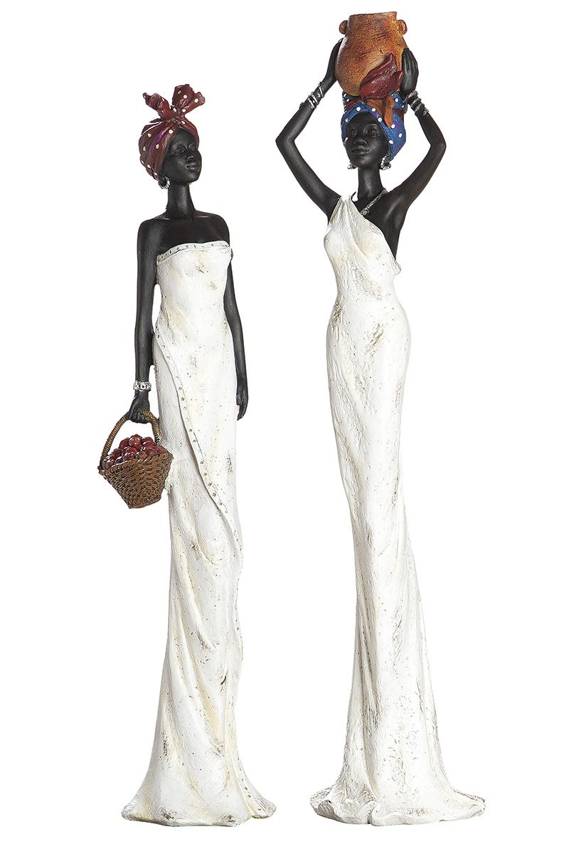 Set van 2 polyfiguren Afrikaanse vrouw Tortuga staand wit/creme/donkerbruin met fruitmand hoogte 44cm