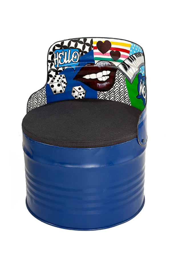 Barrel seat 'Street Art' blue or red chair stool made of metal backrest with graffiti design seat cushion height 72cm