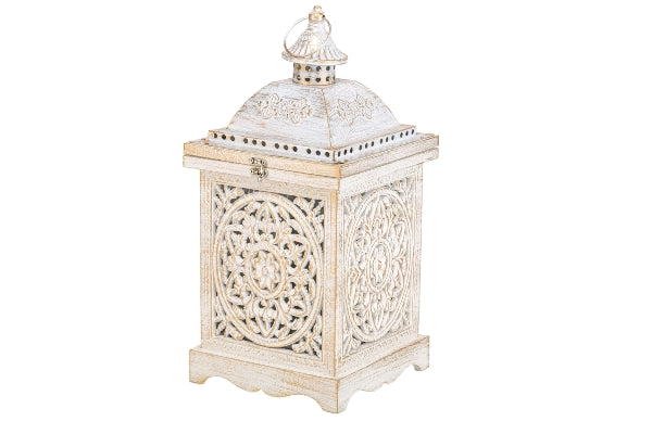 Wooden Lantern in Antique Gold - Elegant Candle Holders, Rustic Decoration, Indoor/Outdoor, 43 cm Height