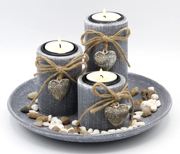 Round wooden decorative bowl with 3 candle holders and decorative stones - MF: Stylish accessory for a cozy ambience
