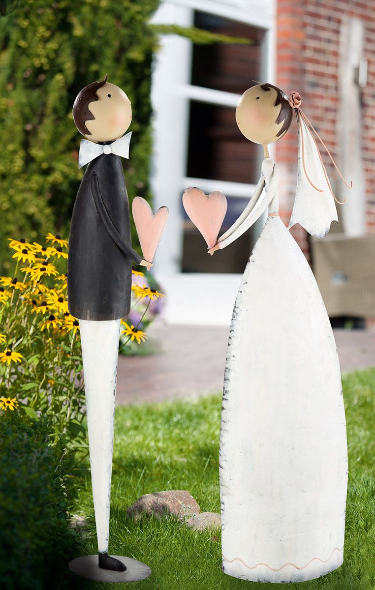 XL Size Antique Metal Figures Bride and Groom with Heart Handmade Height 90cm
