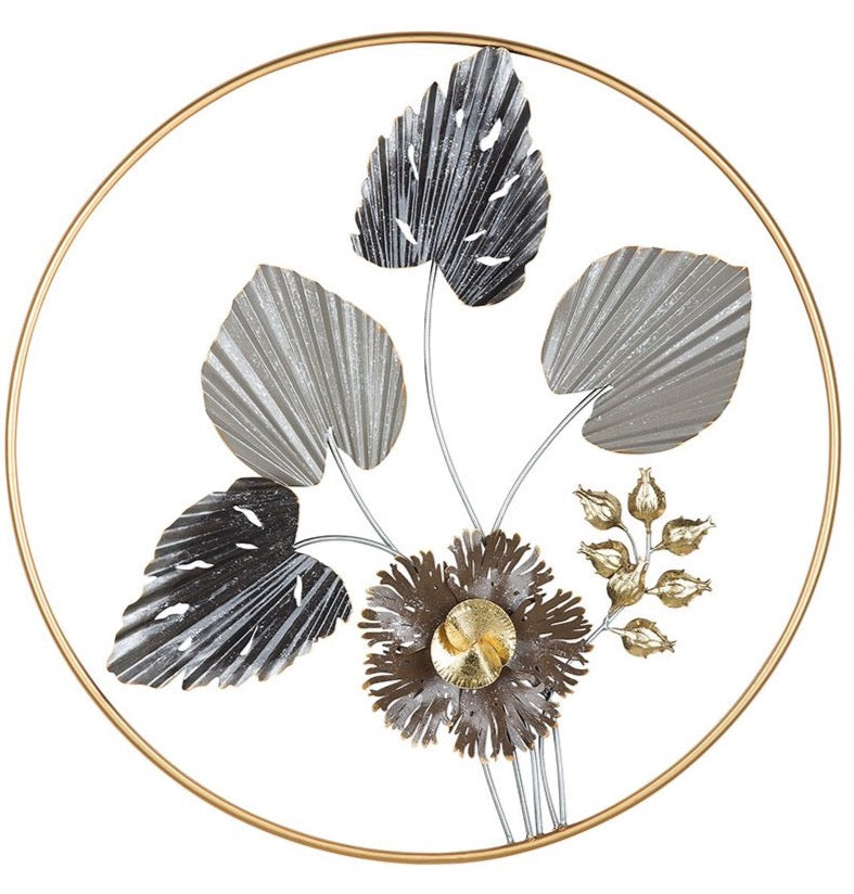 Metall Wandrelief Blätter Novero grau/braun/anthrazit, im goldfarbenen Kreis