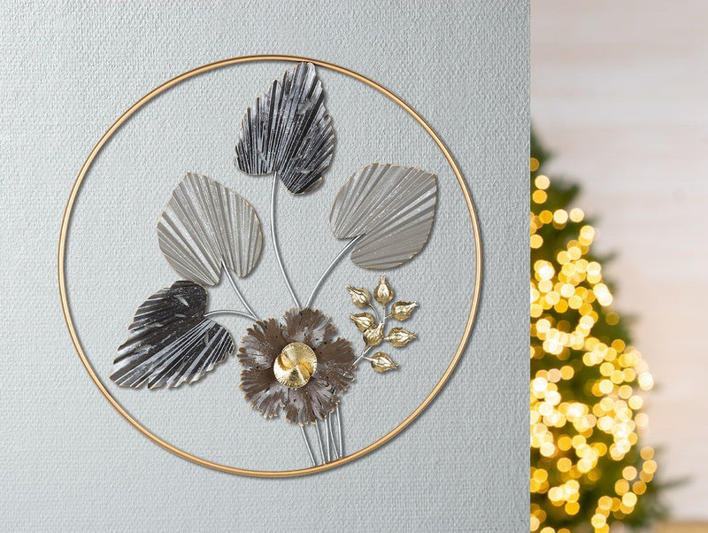 Metal wall relief leaves Novero grey/brown/anthracite, in a gold-colored circle