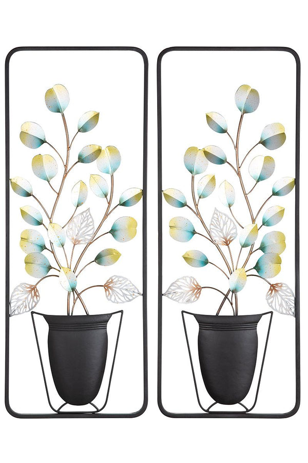 Set of 2 metal wall relief flower pot frame and pot black height 94cm
