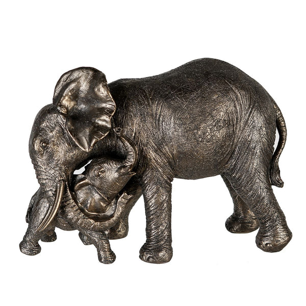Sculptuur olifant Zambezi grijs/goudkleurig afgeveegde olifant mama met jongen breedte 29cm