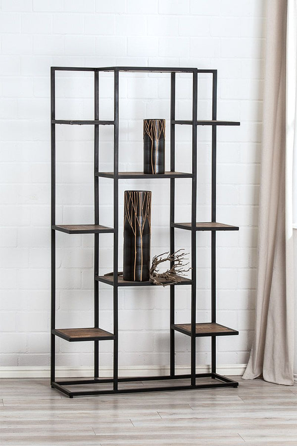 Timeless metal tiered shelving unit with handcrafted brown mango wood tops