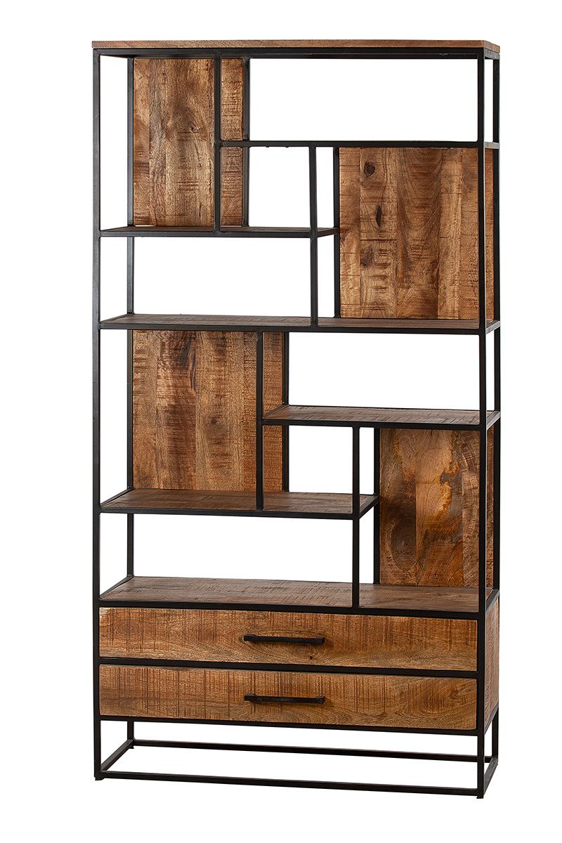 Metal shelf Madrid in handmade mango wood - 2 drawers 6 shelves