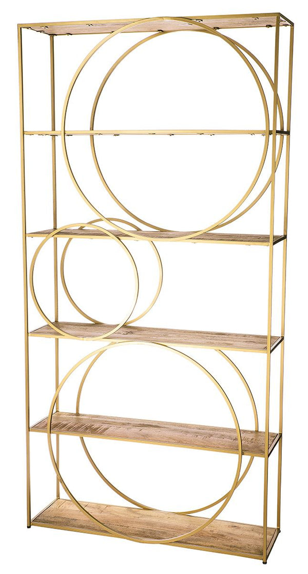 Metal shelf Gold Circle with mango wood panels - handmade Height 200cm