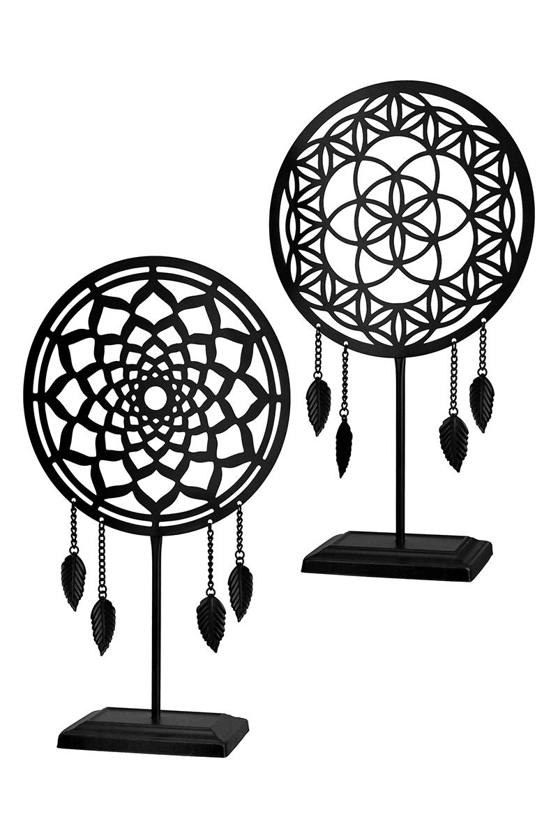 Set of 2 metal stand relief ornament black round with hanging feathers
