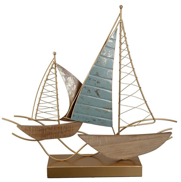 Metal decorative object "sailing boats" with MDF elements in turquoise, natural, bronze and gold colors