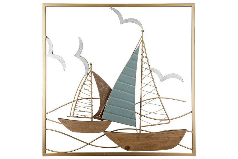 Handmade wall relief "sailing boats" in turquoise, natural and gold colors on MDF elements in the frame