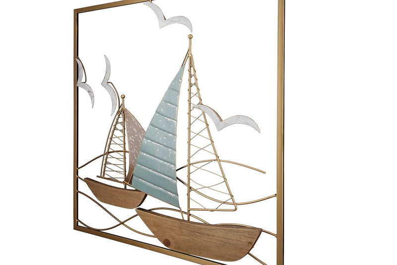 Handmade wall relief "sailing boats" in turquoise, natural and gold colors on MDF elements in the frame