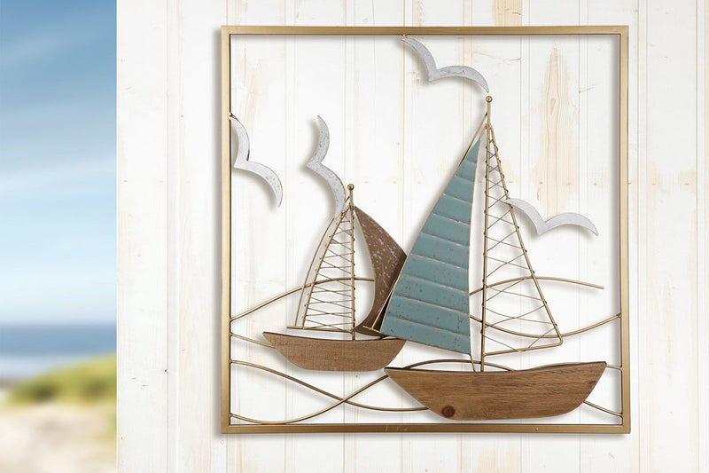 Handmade wall relief "sailing boats" in turquoise, natural and gold colors on MDF elements in the frame