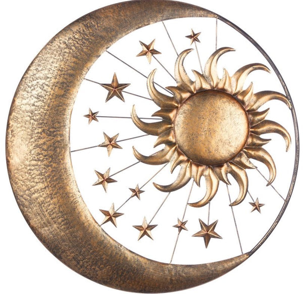 Metalen wandreliëf 'Zon, Maan en Sterren' in antieke bronzen look, diameter 71 cm