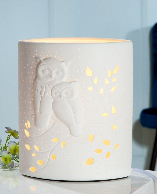 Porcelain lamp Ellipse pair of owls white height 20cm