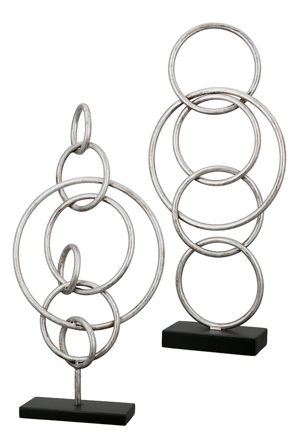 Set van 2 metalen sculpturen Combineer cirkels antiek zilver op zwart voet hoogte 52cm