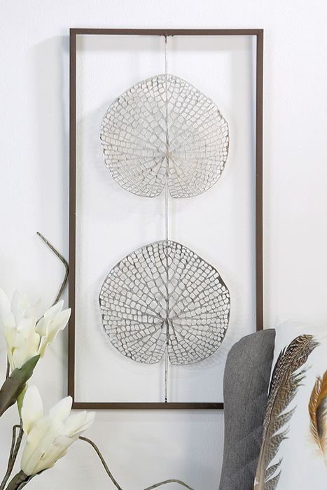 2 leaves - metal wall decoration in antique silver and dark brown frame