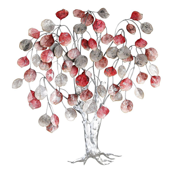 Love Tree Wall Relief - Handgemaakte metalen decoratie met rode, grijze en zilveren bladobjecten