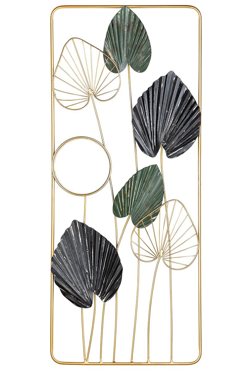 2er Set Metall Wandrelief Blätter/Spiegel mit Rahmen Foglia goldfarben/schwarz/grün