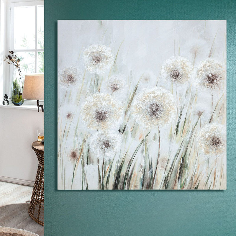 Picture dandelion meadow white/cream/green on canvas 90cm