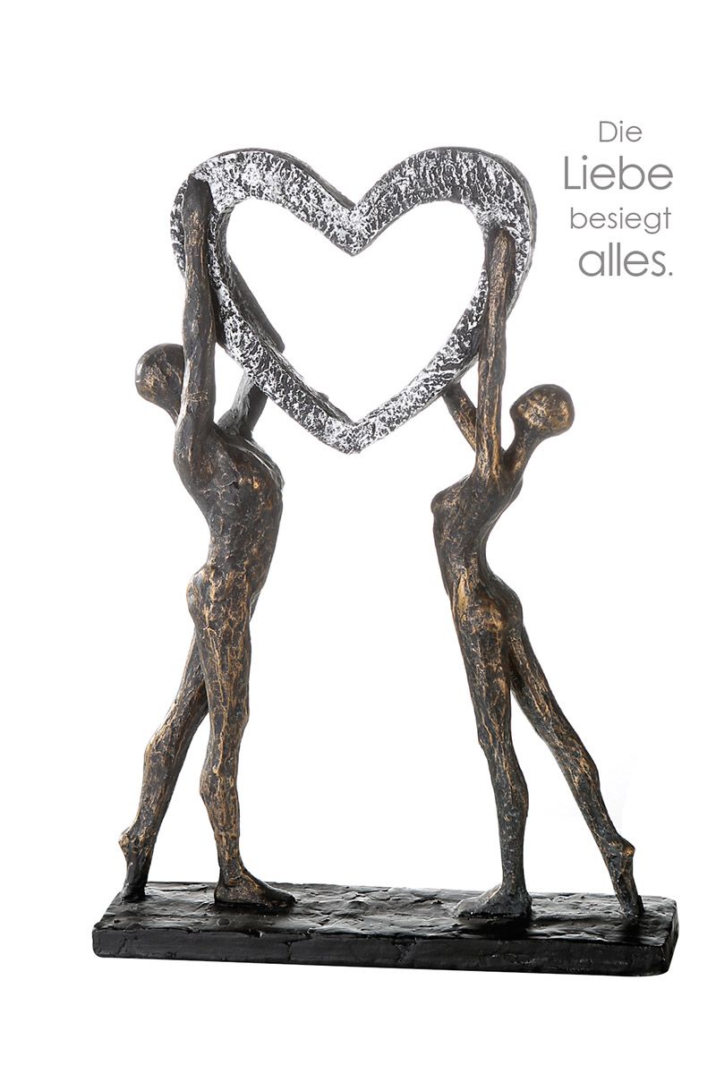 LOVE ME sculptuur - bronskleurig figuur met zilverkleurig hart, polyresin, 37x26x7cm, inclusief spreukhanger, moderne decoratie