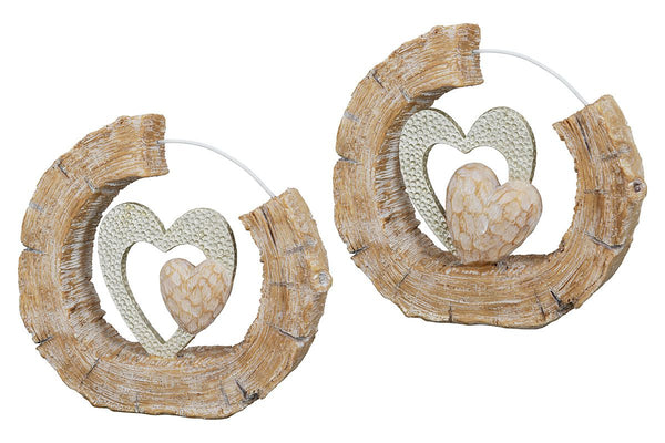 Set of 2 poly sculpture heart natural color in wood look