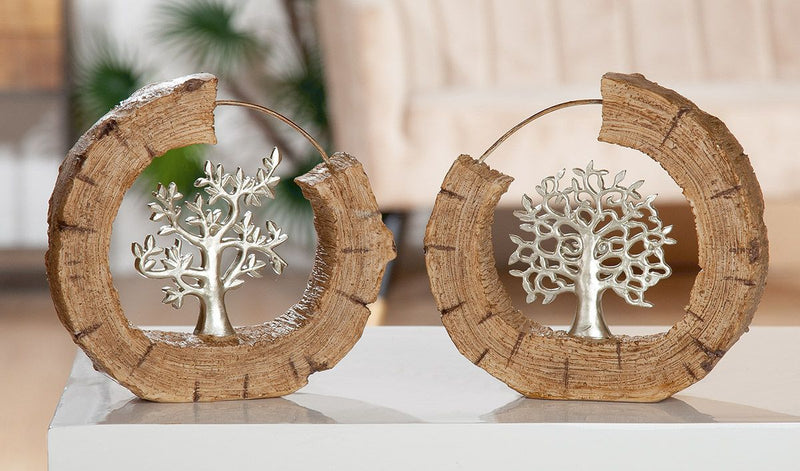 Set of 2 tree sculptures in wood look, tree of life, silver