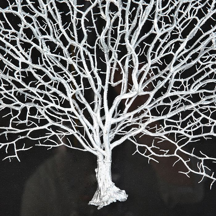 Handmade Wall Object "Tree of Life" made of wood and glass - Black-Silver Frame, Silver Tree on Black Background - Guild