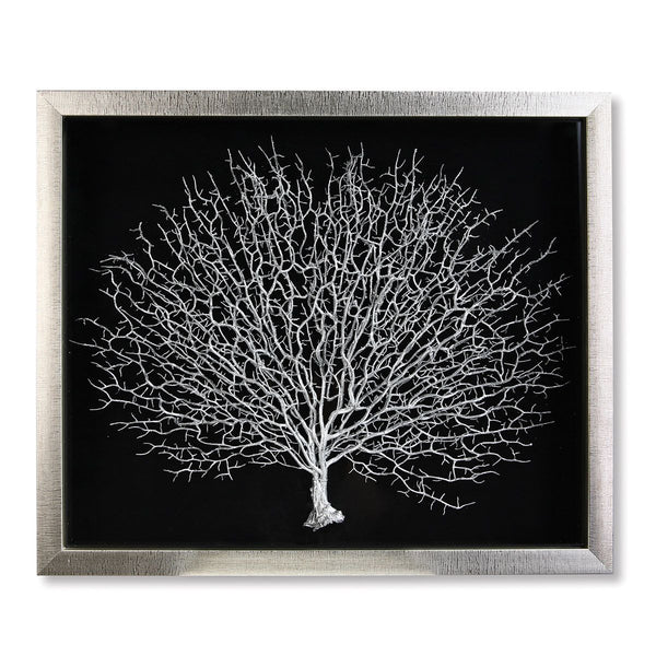 Handgemaakt Wandobject "Tree of Life" van hout en glas - Zwart-Zilver Lijst, Zilveren Boom op Zwarte Achtergrond - Gilde
