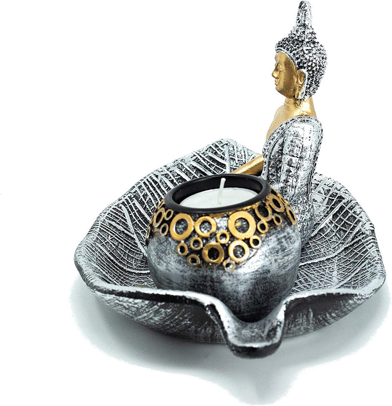 Elegante Boeddha set met bladvormige theelichthouder schaal