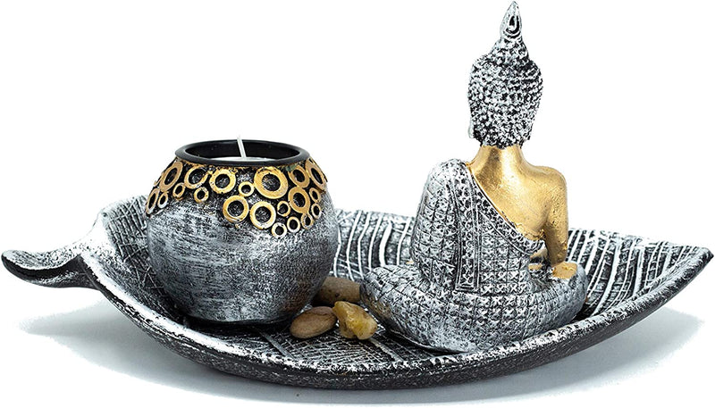 Elegante Boeddha set met bladvormige theelichthouder schaal