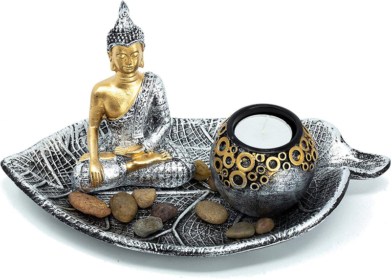 Elegant Buddha set with leaf-shaped tealight holder bowl