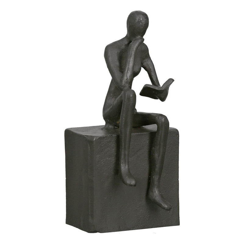 Design sculptuur boekensteun "Readable 2" van ijzer hoogte 15 cm gepolijste lezende vrouw op vierkant blok met spreuk cadeau-idee