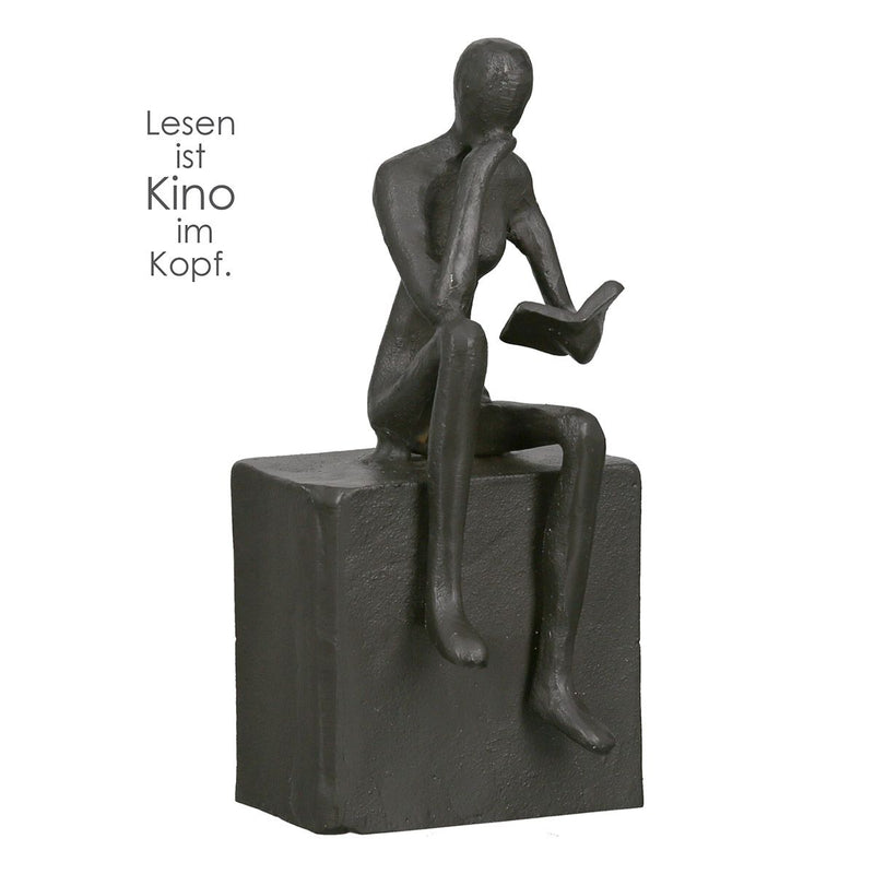 Design sculpture bookend "Readable 2" made of iron height 15 cm burnished reading woman on a square block with a saying gift idea