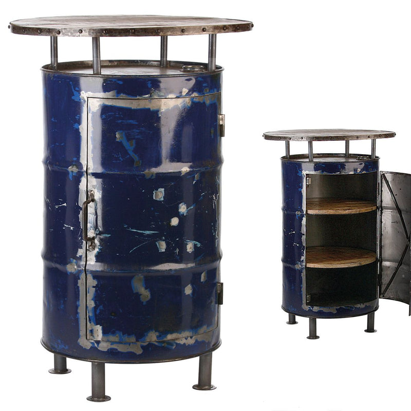 Upcycled Barrel Bar – Holz & Metall, Vintage Blau